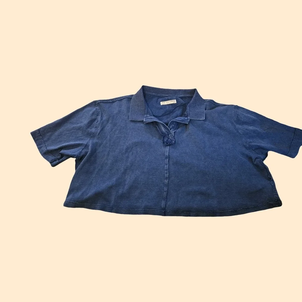 We The Free Free People Cropped Polo Shirt Blue Waffle‎ Knit Boxy Top L